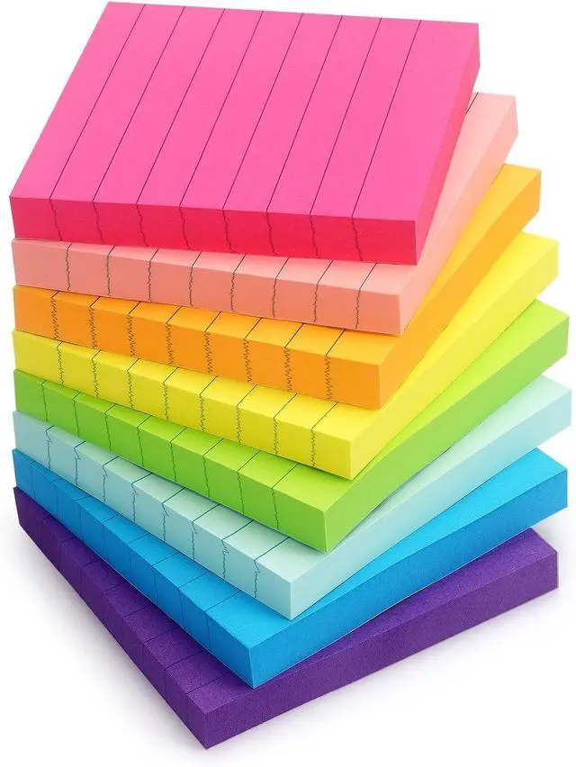 Main image of Eastern Wolf Lined Sticky Notes 3x3in, 8 Pads, Bright Colors, 85 Sheets/Pad | Self-Stick & Removable, Office/School/Home Use