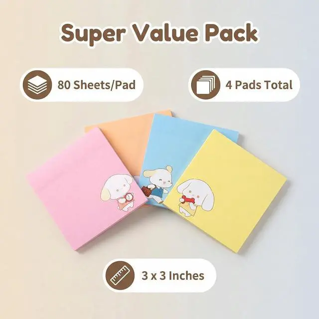 Alt view image 2 of 7 - Cute Kawaii Puppy Sticky Notes 3x3 Inch 4 Pads 80 Sheets Memo Pads | 4 pads Puppy kawaii sticky notes, strong residue-free adhesive, for school office home note taking reminders