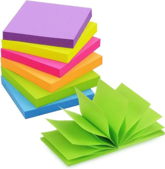 Main image of Pop Up Sticky Notes 3x3 inch Bright Colors Self-Stick Pads 6 Pads/Pack 100 Sheets/Pad Total 600 Sheets | Ideal for Office, School, and Home Reminders.