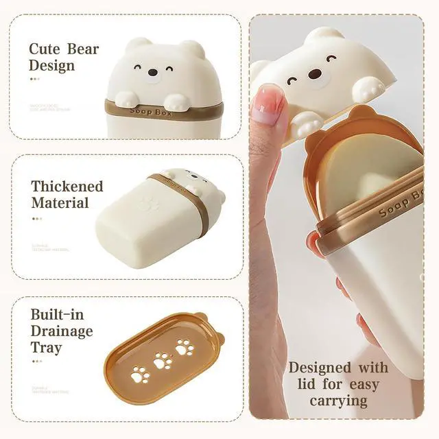 Alt view image 3 of 7 - 3 Pack Cute Travel Soap Case, Leakproof Soap Container with Lid, Bear Shape | Portable Bar Soap Holder for Traveling, Soap Dish for Bathroom, Draining Soap Holder with Covers for Gym Shower Outdoor