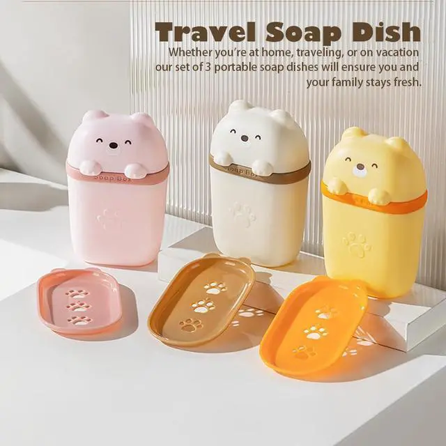 Alt view image 7 of 7 - 3 Pack Cute Travel Soap Case, Leakproof Soap Container with Lid, Bear Shape | Portable Bar Soap Holder for Traveling, Soap Dish for Bathroom, Draining Soap Holder with Covers for Gym Shower Outdoor
