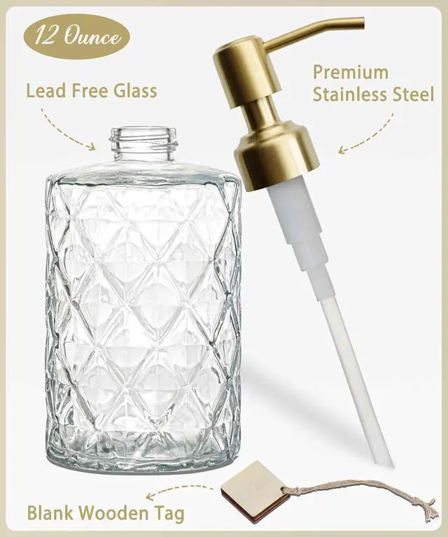 Alt view image 2 of 7 - JASAI Diamond Design Glass Soap Dispenser with Golden Pump | Refillable Hand soap Dispenser for Kitchen, Soap Dispenser Bathroom for Soap, Hand soap, Dish Soap, Lotion.
