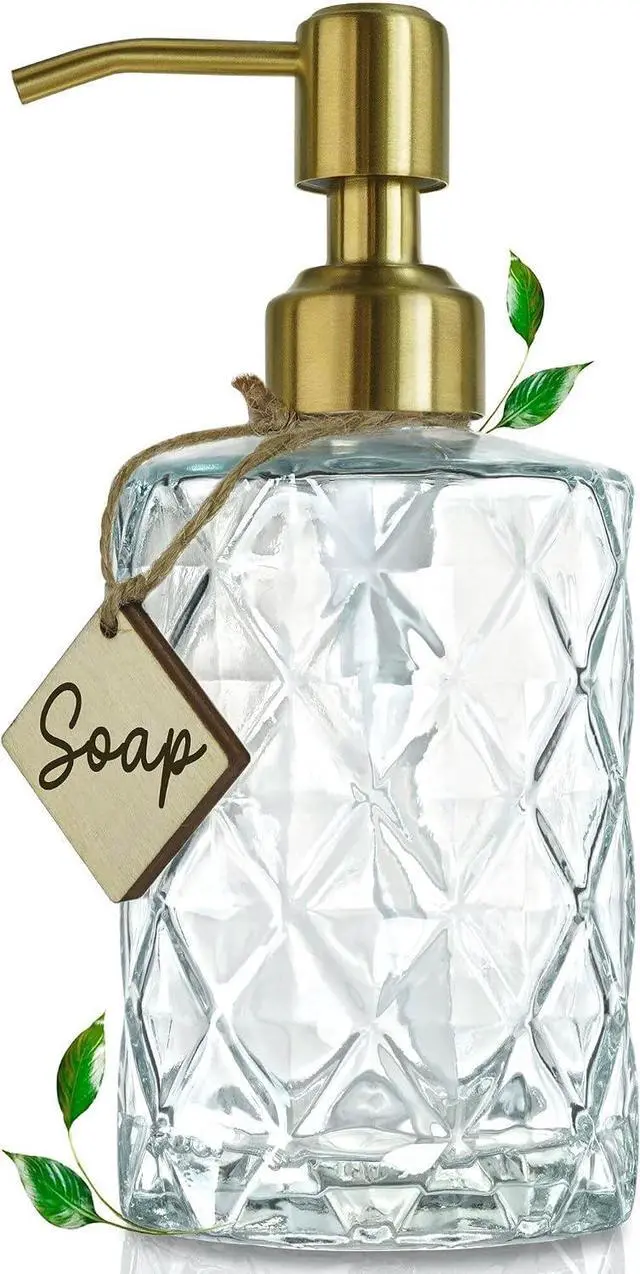 Main image of JASAI Diamond Design Glass Soap Dispenser with Golden Pump | Refillable Hand soap Dispenser for Kitchen, Soap Dispenser Bathroom for Soap, Hand soap, Dish Soap, Lotion.