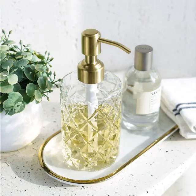Alt view image 5 of 7 - JASAI Diamond Design Glass Soap Dispenser with Golden Pump | Refillable Hand soap Dispenser for Kitchen, Soap Dispenser Bathroom for Soap, Hand soap, Dish Soap, Lotion.