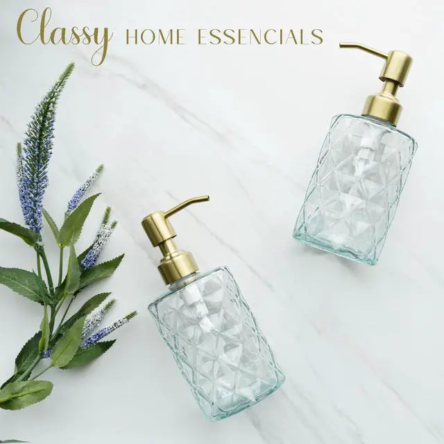 Alt view image 6 of 7 - JASAI Diamond Design Glass Soap Dispenser with Golden Pump | Refillable Hand soap Dispenser for Kitchen, Soap Dispenser Bathroom for Soap, Hand soap, Dish Soap, Lotion.