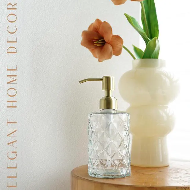 Alt view image 7 of 7 - JASAI Diamond Design Glass Soap Dispenser with Golden Pump | Refillable Hand soap Dispenser for Kitchen, Soap Dispenser Bathroom for Soap, Hand soap, Dish Soap, Lotion.