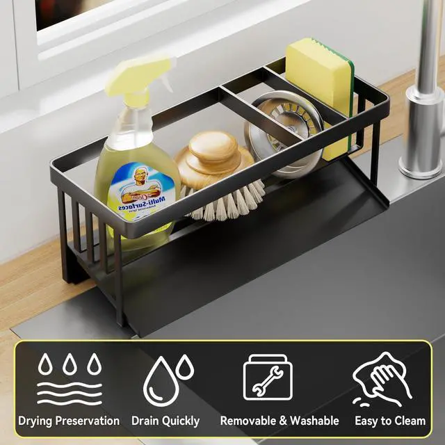 Alt view image 3 of 7 - Kitchen Sink Caddy Organizer for Kitchen Countertop Organizers Black | 304 Stainless Steel, Removable Drip Tray, Home Decor Accessories