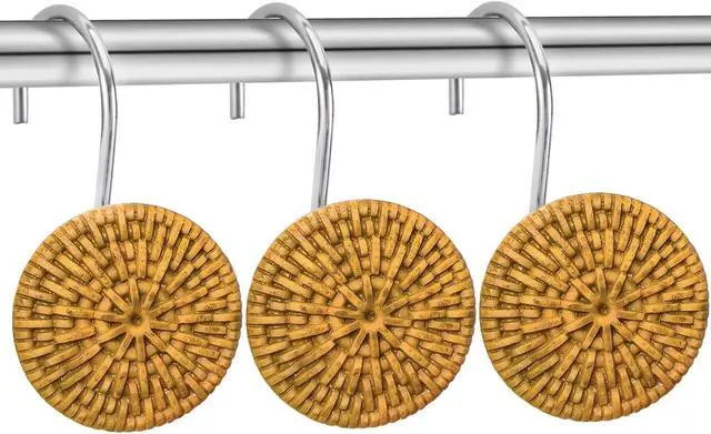 Alt view image 2 of 6 - Boho Shower Curtain Hooks, CHICTIE Artificial Rattan Decorative Shower Curtain Rings, Rustic Farmhouse Shower Hooks for Shower Curtain Rods Bathroom Rustproof Shower Hooks Hangers Set of 12