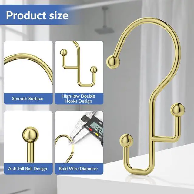 Alt view image 3 of 7 - Goowin Shower Curtain Hooks, Gold Shower Curtain Hooks Rust Proof, Anti-Drop Metal Shower Curtain Rings Hooks, Double Shower Hooks for Shower Curtain, Shower Rings for Curtain & Liner, Gold-12 Pcs