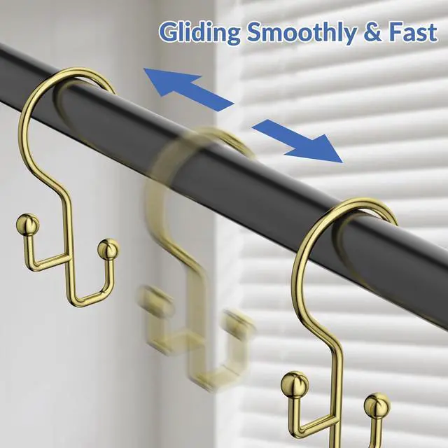 Alt view image 4 of 7 - Goowin Shower Curtain Hooks, Gold Shower Curtain Hooks Rust Proof, Anti-Drop Metal Shower Curtain Rings Hooks, Double Shower Hooks for Shower Curtain, Shower Rings for Curtain & Liner, Gold-12 Pcs