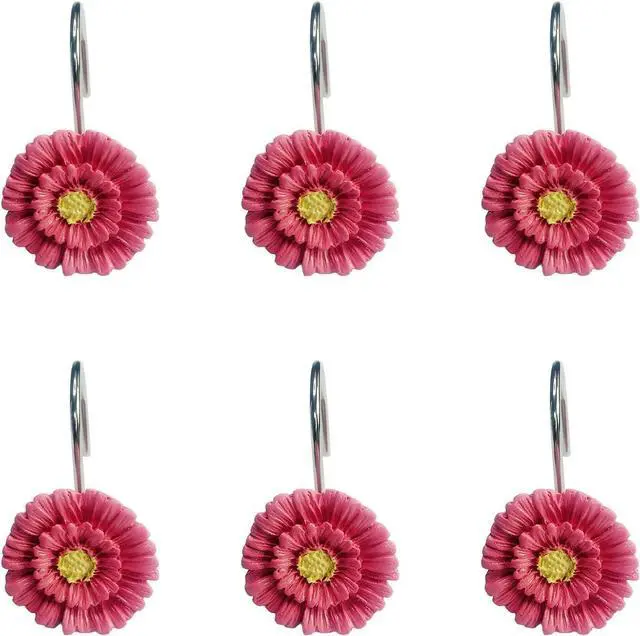 Main image of Twofishes Pink Daisy Flower Shower Curtain Hooks Set of 12 Decorative Rust Proof Pink Daisy Flower Shower Curtain Rings Pack of 12
