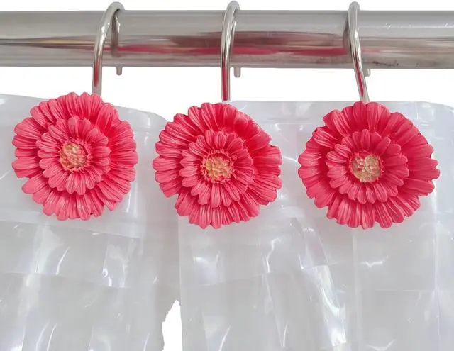 Alt view image 2 of 5 - Twofishes Pink Daisy Flower Shower Curtain Hooks Set of 12 Decorative Rust Proof Pink Daisy Flower Shower Curtain Rings Pack of 12