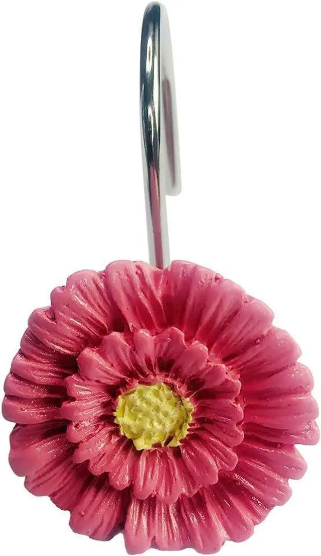 Alt view image 3 of 5 - Twofishes Pink Daisy Flower Shower Curtain Hooks Set of 12 Decorative Rust Proof Pink Daisy Flower Shower Curtain Rings Pack of 12