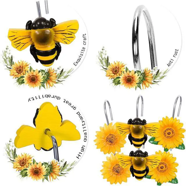 Alt view image 3 of 7 - Whaline 12Pcs Summer Bee Shower Curtain Hooks Yellow Sunflower Honey Bee Decorative Resin Curtain Hanger Hooks Rings for Spring Holiday Bathroom Ornament Decoration Supplies, 3 Designs