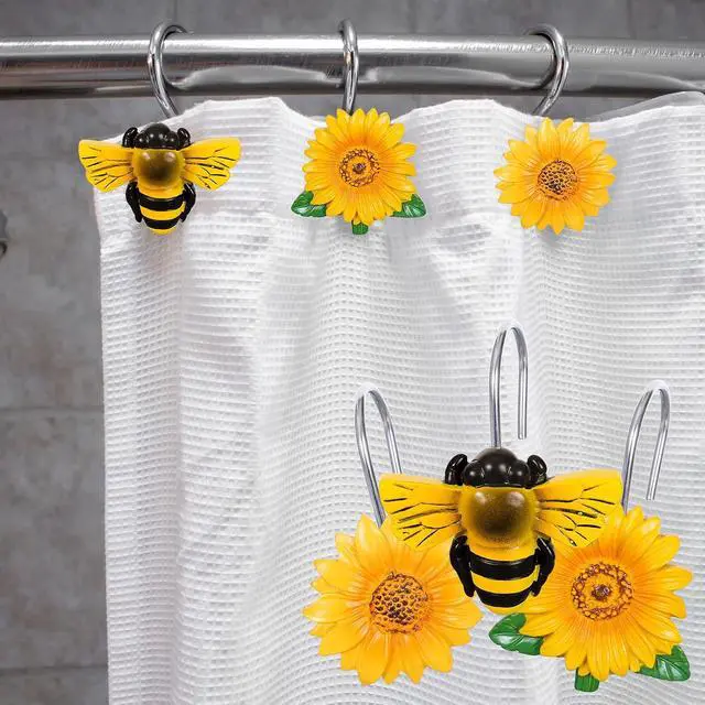 Alt view image 4 of 7 - Whaline 12Pcs Summer Bee Shower Curtain Hooks Yellow Sunflower Honey Bee Decorative Resin Curtain Hanger Hooks Rings for Spring Holiday Bathroom Ornament Decoration Supplies, 3 Designs