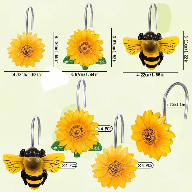 Alt view image 2 of 7 - Whaline 12Pcs Summer Bee Shower Curtain Hooks Yellow Sunflower Honey Bee Decorative Resin Curtain Hanger Hooks Rings for Spring Holiday Bathroom Ornament Decoration Supplies, 3 Designs