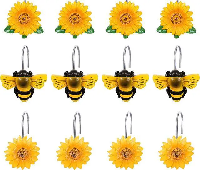 Main image of Whaline 12Pcs Summer Bee Shower Curtain Hooks Yellow Sunflower Honey Bee Decorative Resin Curtain Hanger Hooks Rings for Spring Holiday Bathroom Ornament Decoration Supplies, 3 Designs
