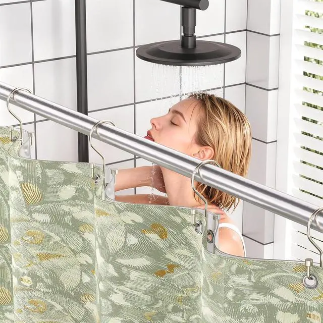 Alt view image 2 of 7 - Bathway 12-Pack Double Shower Curtain Hooks, Rust-Resistant Metal Shower Curtain Rings with High-Low Design to Separate Liner & Curtain, Smooth Glide, Nickel