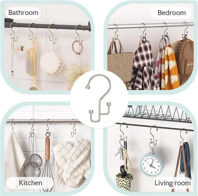 Alt view image 6 of 7 - Bathway 12-Pack Double Shower Curtain Hooks, Rust-Resistant Metal Shower Curtain Rings with High-Low Design to Separate Liner & Curtain, Smooth Glide, Nickel