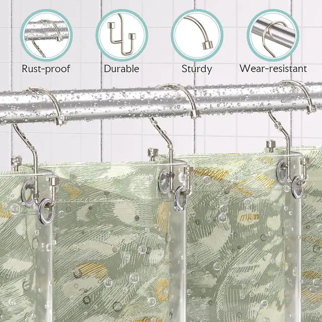 Alt view image 4 of 7 - Bathway 12-Pack Double Shower Curtain Hooks, Rust-Resistant Metal Shower Curtain Rings with High-Low Design to Separate Liner & Curtain, Smooth Glide, Nickel