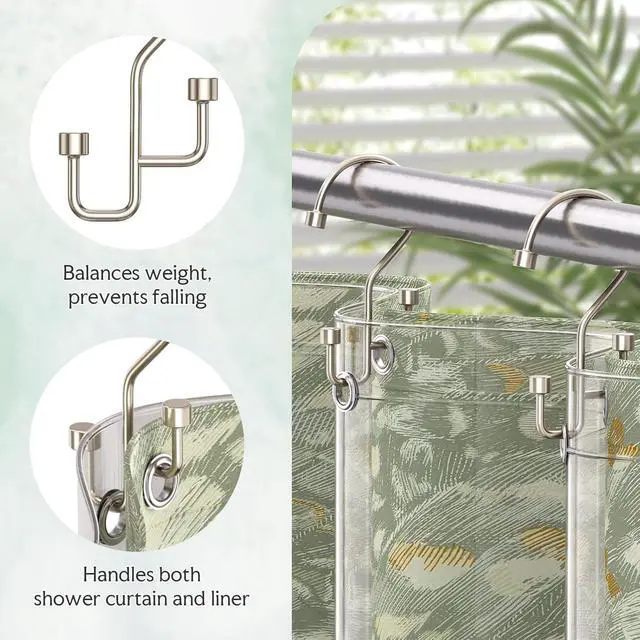Alt view image 5 of 7 - Bathway 12-Pack Double Shower Curtain Hooks, Rust-Resistant Metal Shower Curtain Rings with High-Low Design to Separate Liner & Curtain, Smooth Glide, Nickel