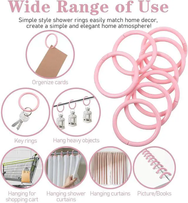 Alt view image 5 of 7 - Mabor 12 Pack Pink Shower Curtain Hooks, Plastic Snap Rings for Bathroom | Decorative Round Hangers Easy Install, No-Slip Closure, Fits Standard Rods