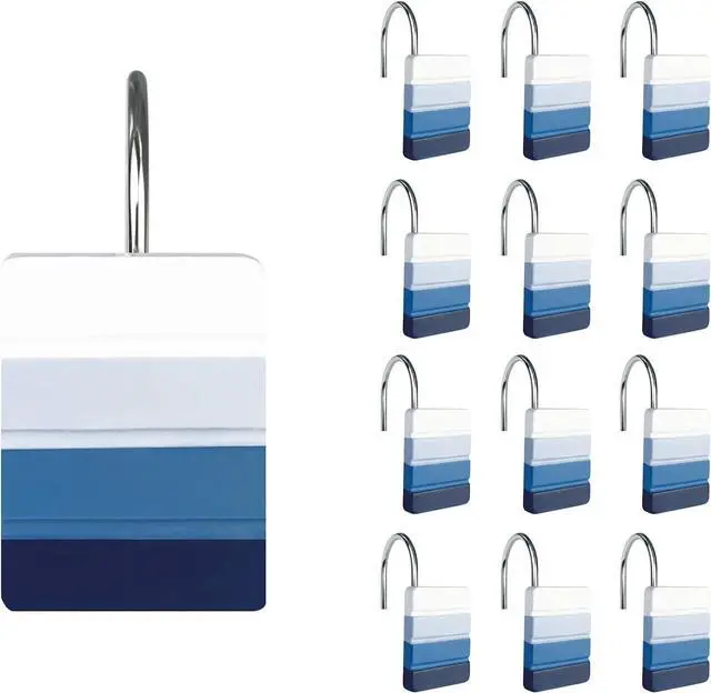 Main image of Sunlit Ombre Blue Decorative Shower Curtain Hooks, Blue Navy Shower Curtain Rings, Resin, Bathroom Decoration Stripes Shower Curtain Hooks-12 Pack