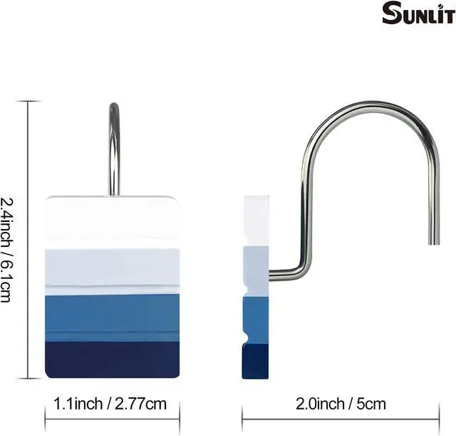 Alt view image 3 of 5 - Sunlit Ombre Blue Decorative Shower Curtain Hooks, Blue Navy Shower Curtain Rings, Resin, Bathroom Decoration Stripes Shower Curtain Hooks-12 Pack