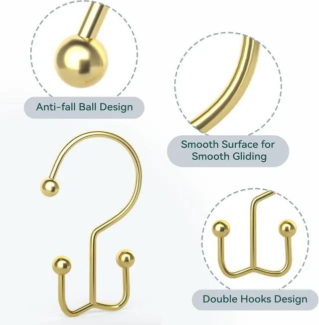 Alt view image 4 of 7 - Goowin Shower Curtain Hooks, 12 Pcs Shower Curtain Rings, Durable Gold Shower Curtain Hooks, Double Glide Shower Curtain Rings Rust Proof, Simple Shower Hooks for Shower Curtain & Liner, Gold