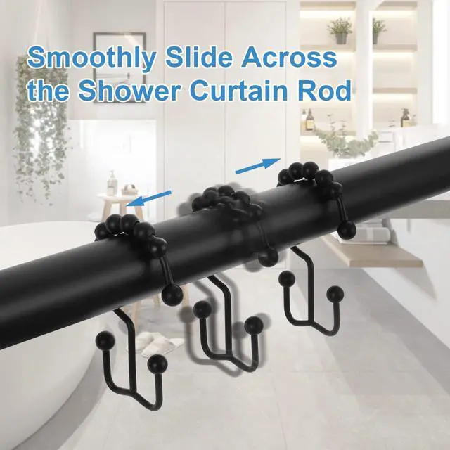Alt view image 3 of 7 - Shower Curtain Hooks Rings, TENOVEL Double Sided Shower Hooks Rust Proof for Bathroom Shower Rods Curtain, Durable Stainless Steel Bathroom Shower Curtain Hangers, Matte Black, Set of 12