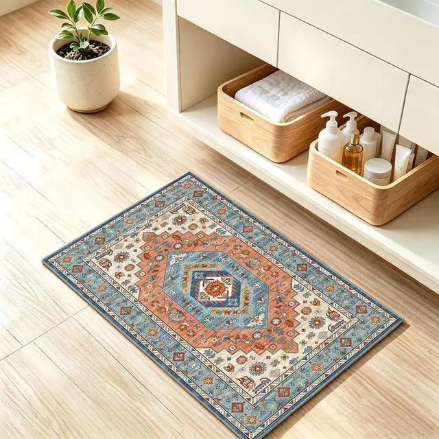 Alt view image 2 of 7 - 1.6x2.6 Small Area Rug, Washable Non-Slip for Entryway Orange | Machine washable, stain resistant, low pile. Ideal living room doormat for hallway, bathroom, bedroom, laundry and decor.
