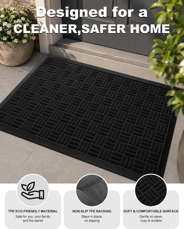 Alt view image 3 of 6 - Mibao Front Door Mat Outdoor Entrance, 29.5" x 17" Heavy Duty Welcome Mat for Outdoor and Indoor, Waterproof Dirt Trapper Doormat, Super Absorbent Indoor Entryway Mat for Patio & Porch - Black