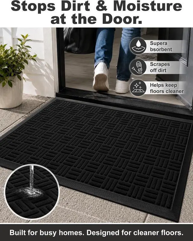 Alt view image 4 of 6 - Mibao Front Door Mat Outdoor Entrance, 29.5" x 17" Heavy Duty Welcome Mat for Outdoor and Indoor, Waterproof Dirt Trapper Doormat, Super Absorbent Indoor Entryway Mat for Patio & Porch - Black
