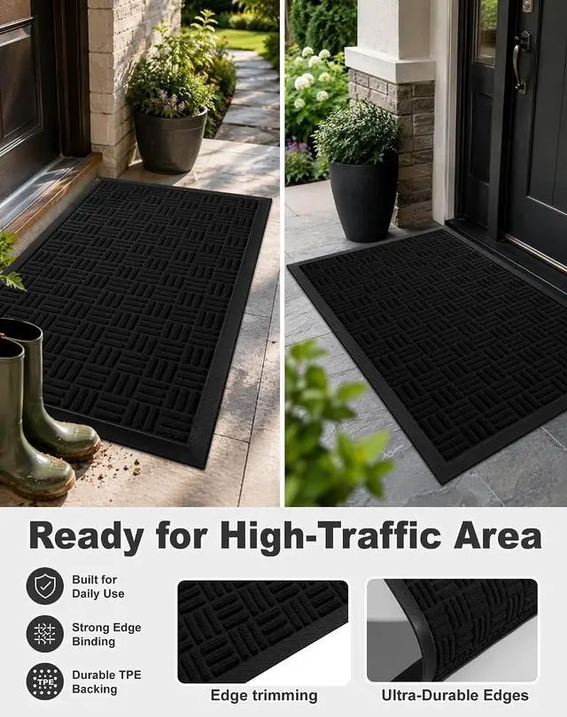 Alt view image 6 of 6 - Mibao Front Door Mat Outdoor Entrance, 29.5" x 17" Heavy Duty Welcome Mat for Outdoor and Indoor, Waterproof Dirt Trapper Doormat, Super Absorbent Indoor Entryway Mat for Patio & Porch - Black