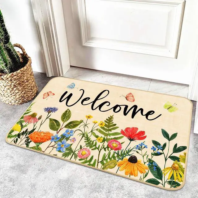 Alt view image 2 of 7 - Nialnant Door Mat Outside Entrance, Floral Outdoor Mats for Front Door | Rubber Backing Doormat Outdoor Entrance, Flower Leaves Non Slip Door Mat, Welcome Floor Mats 29"x17"