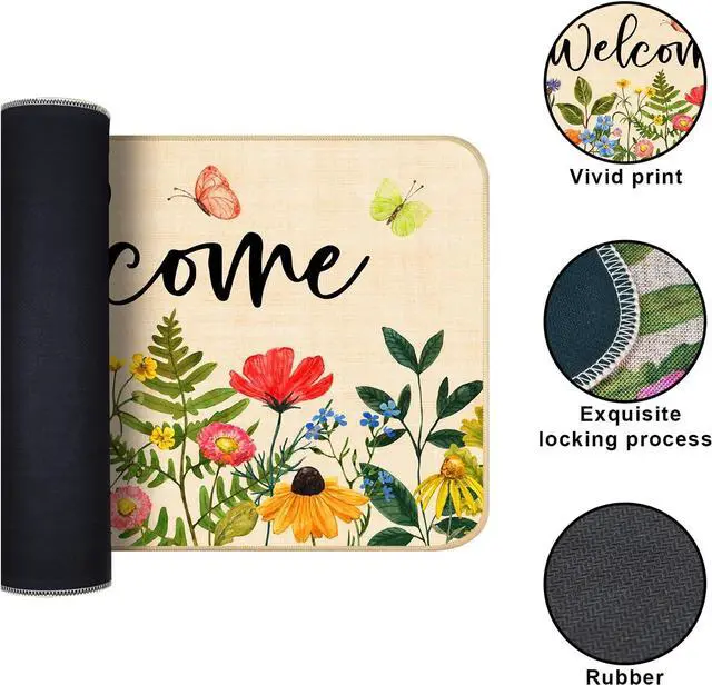 Alt view image 4 of 7 - Nialnant Door Mat Outside Entrance, Floral Outdoor Mats for Front Door | Rubber Backing Doormat Outdoor Entrance, Flower Leaves Non Slip Door Mat, Welcome Floor Mats 29"x17"