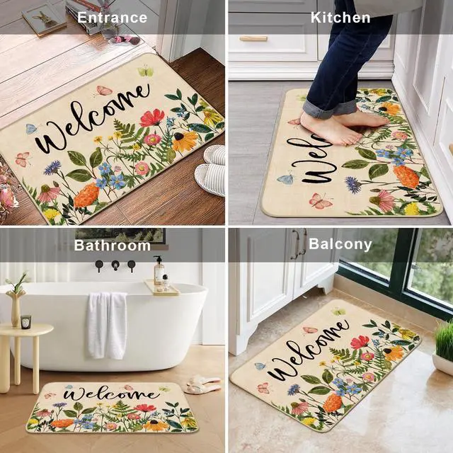 Alt view image 6 of 7 - Nialnant Door Mat Outside Entrance, Floral Outdoor Mats for Front Door | Rubber Backing Doormat Outdoor Entrance, Flower Leaves Non Slip Door Mat, Welcome Floor Mats 29"x17"