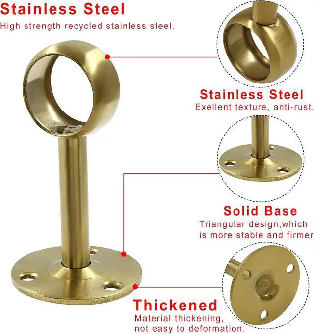 Alt view image 3 of 5 - Biaungdo 1 Inch Curtain Rod Ceiling-Mount Bracket, Gold | Stainless Steel, Flange Rod Holder, Shower Curtain Closet Rod Holder, With Anchor Screw Kit, 8Pcs