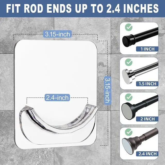 Alt view image 2 of 7 - 4 Pack Adhesive Curtain Rod Holders, No Drilling Shower Curtain Tension Rod Support Holder, Transparent Clear Durable Bathroom Rod Bracket