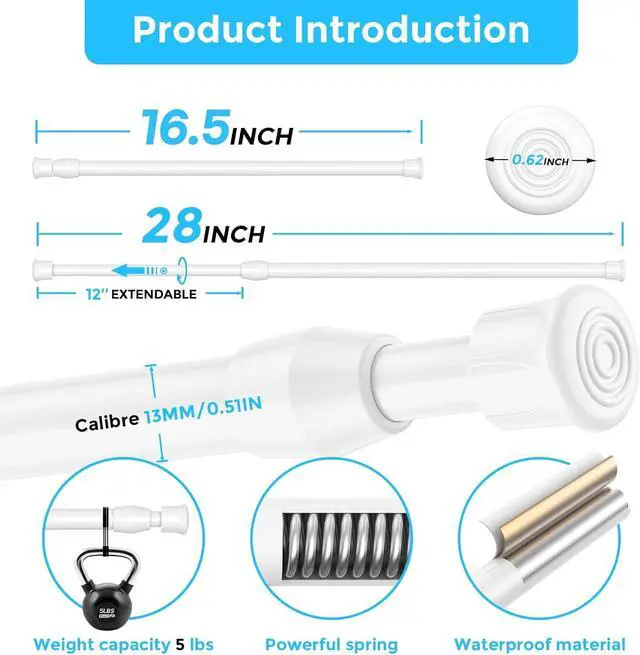 Alt view image 3 of 7 - AIZESI 2PCS White Tension Rod 17 to 28 Inch Small Curtain Rod | Adjustable Spring Curtain Rod No Drilling, Spring Tension Rods for Window DIY Projects Cupboard Wardrobe Short Tension Rod