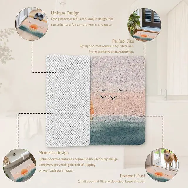 Alt view image 7 of 7 - Boho Welcome Mats for Front Door, Sun Door Mat, Watercolor Abstract Sea Horizon Sunrise Sunset Doormat for Porch Outside Inside Outdoor Indoor Entrance, Boho Bath Rug, 17x30 Inches