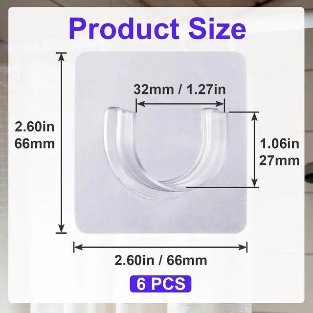 Alt view image 2 of 6 - 6pcs Self-Adhesive Shower Rod Holder, Clear Invisible Curtain Rod Bracket, No Drilling Wall Mount Tension Rod Retainer for Bathroom Kitchen Bedroom
