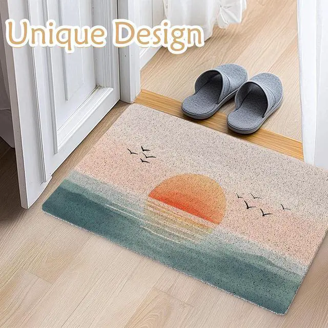 Alt view image 4 of 7 - Boho Welcome Mats for Front Door, Sun Door Mat, Watercolor Abstract Sea Horizon Sunrise Sunset Doormat for Porch Outside Inside Outdoor Indoor Entrance, Boho Bath Rug, 17x30 Inches