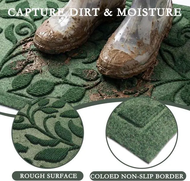 Alt view image 5 of 7 - Green Leaves Ivy Scroll Outdoor Indoor Entrance Door mat, Durable Absorbent Mud Scraper Mat for Front Door, Thick Natural Rubber Back, Easy Clean Entryway Welcome Mat 17x30 Inch, Low Profile
