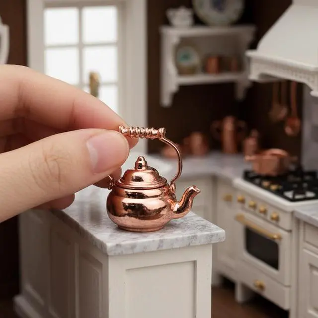 Alt view image 3 of 7 - Dollhouse Miniature Vivid Teapot Tea Kettle 1:12 Scale Kitchen Copper Model Artificial House Decoration Food Ornament Accessories (Bronze)