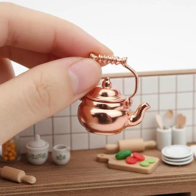 Alt view image 4 of 7 - Dollhouse Miniature Vivid Teapot Tea Kettle 1:12 Scale Kitchen Copper Model Artificial House Decoration Food Ornament Accessories (Bronze)