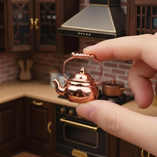 Alt view image 2 of 7 - Dollhouse Miniature Vivid Teapot Tea Kettle 1:12 Scale Kitchen Copper Model Artificial House Decoration Food Ornament Accessories (Bronze)