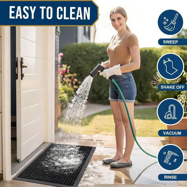 Alt view image 6 of 7 - Smiry Front Door Mat Outside Entrance, Low Profile Rubber Doormat, 29.5x17 | Irregular Triangle, Black, Sturdy Heavy Duty Mat Trap Dirt and Moisture, Easy Clean for Indoor Outdoor Entry