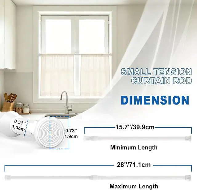 Alt view image 4 of 7 - 2 Pack Small Tension Curtain Rod, Short Adjustable Extendable | Spring Loaded Rods for Windows Cabinet Blinds Closet Bedroom Kitchen Bathroom Door No Drilling, 15.7-28 Inch, White