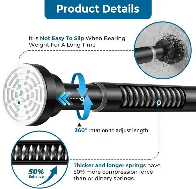 Alt view image 3 of 7 - AIZESI 1Pack Tension Curtain Rod 32 to 51 Inch No Drilling Adjustable Spring Loaded Curtain Rods for Window Bedroom Doorway Closet, Black